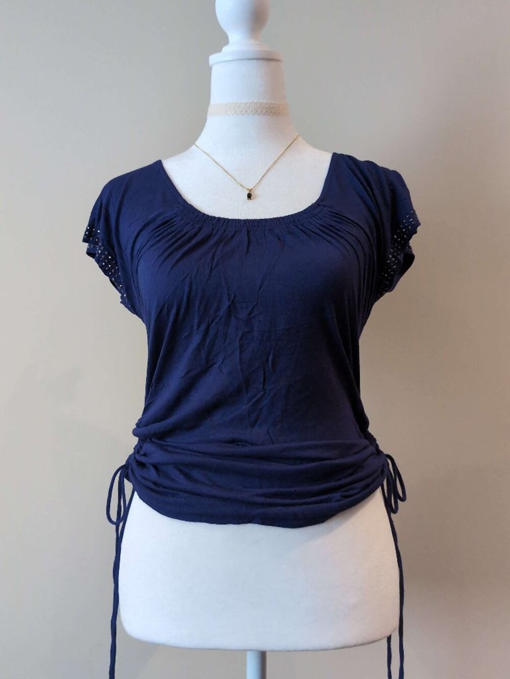 Y2K Guess Ruched Navy Blue Blouse with Studded Sleeves